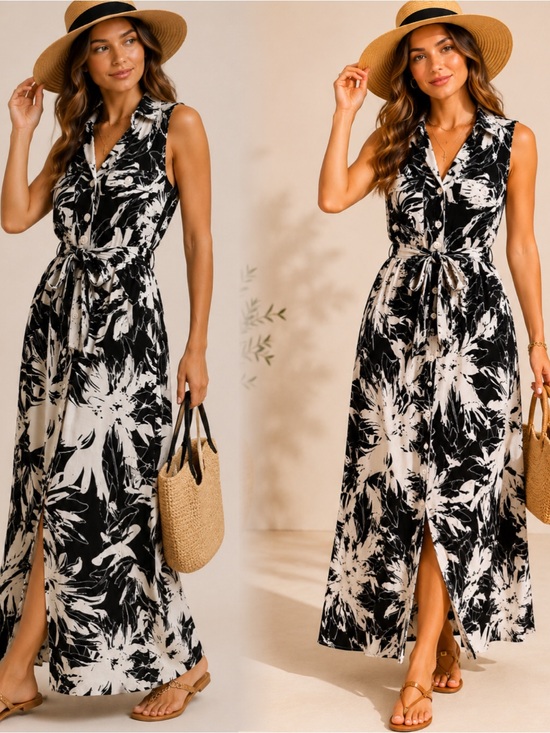 Haute Monde Dresses & Skirts - Sleeveless Black & White Floral Tie-Waist Maxi Dress